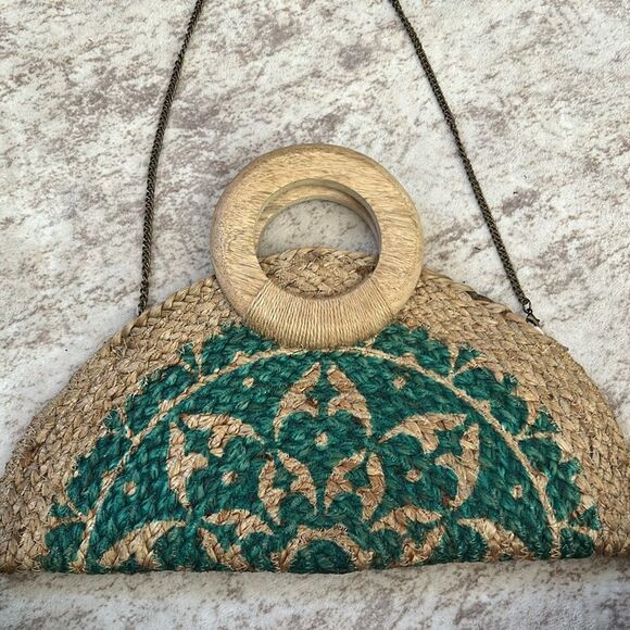 Antik Kraft Clutch Jute & Wood Handle Bag Floral Print Summer Beach Vibes - Picture 4 of 6